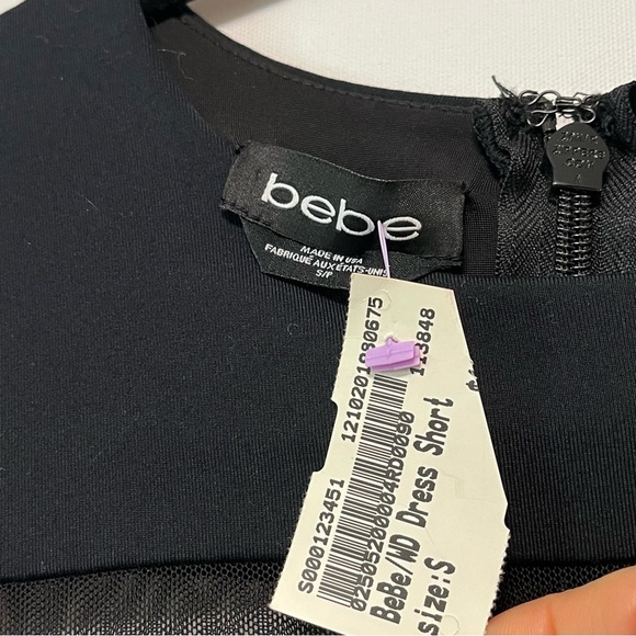Vtg BEBE Sexy Black Bodycon Mini Dress NWT Sz S/P Sheer Mesh Detail 3/4 Sleeve - Picture 6 of 16